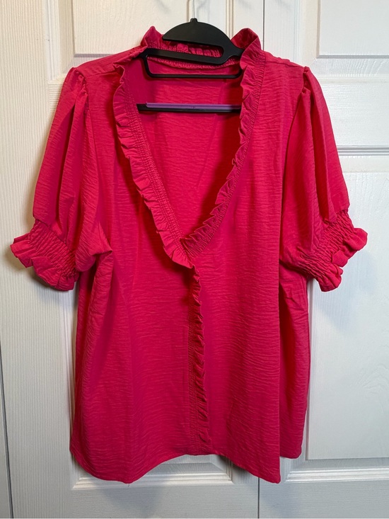 Sage Vell Tops - Sage Vell Hot Pink Ruffle V Neck Blouse Smocked Sleeve Top XL